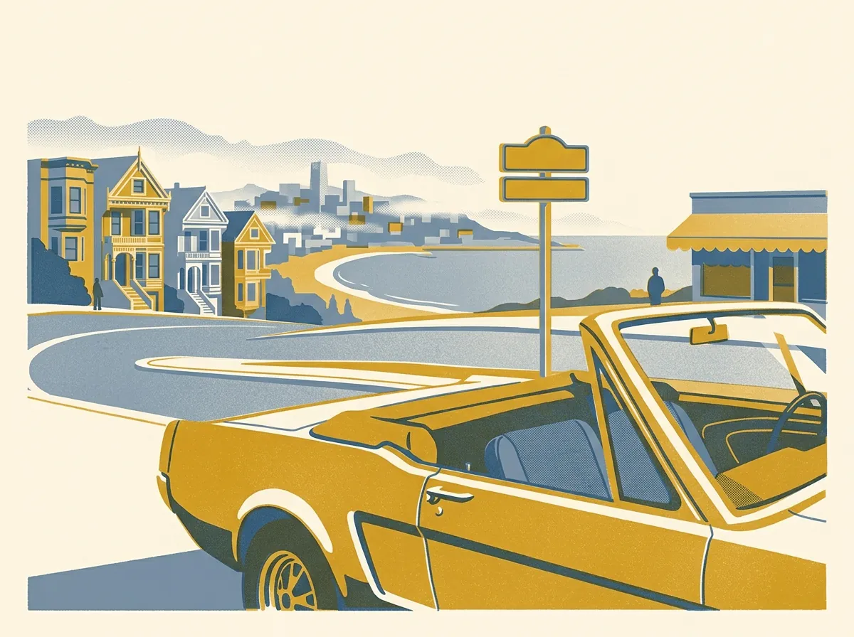 Illustration of classic car rentals in San Francisco